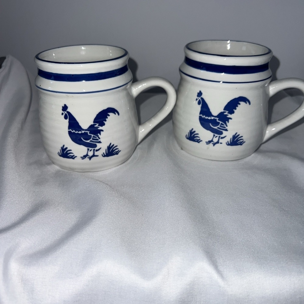 2 - B.I. Inc Hen and Rooster Two Sided Mug Coffee Cup Farmhouse Stoneware 14 oz